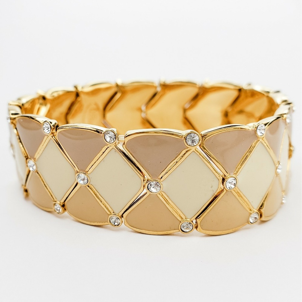 Joan Rivers Bangle Bracelet Enamel Gold Tone Cream Tan Rhinestone Harlequin